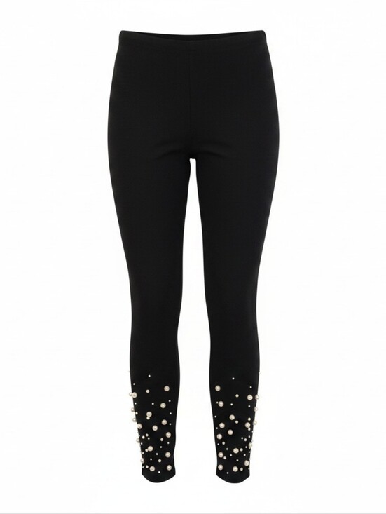 Athena Marie Pants - Athena Marie -Ladies Petite Black Pants,Faux Pearl Leg Embellishment,Lined Waist